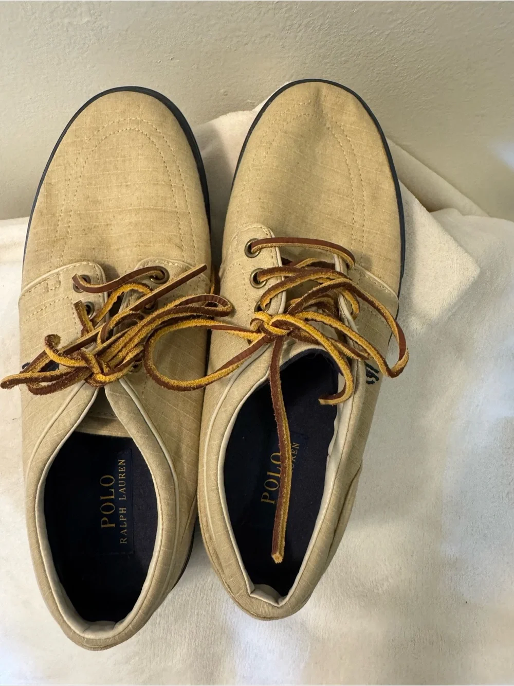 Ralph Lauren Tan Canvas Boat Shoes with Navy Sole